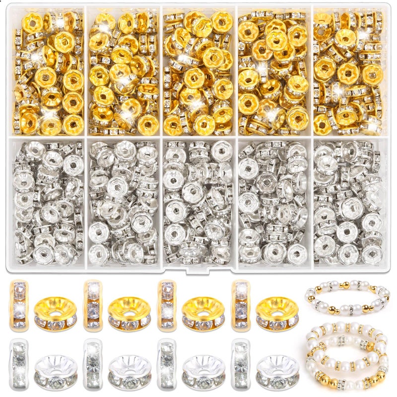 shynek Rondelle Spacer Beads for Jewelry Making  600 Pieces Rhinestone Spacer Beads Crystal Bead Spacers for Bracelets  Focal Beads for Pens(Silver and Gold) - Image 1